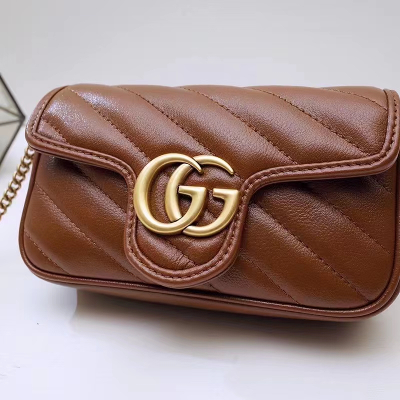 Gucci Women GG Marmont Matelassé Super Mini Bag Brown Leather Double G