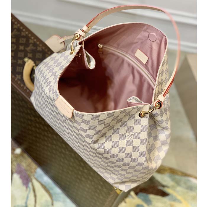 Louis Vuitton LV Unisex Graceful MM Hobo Rose Ballerine Pink Damier Azur Coated Canvas
