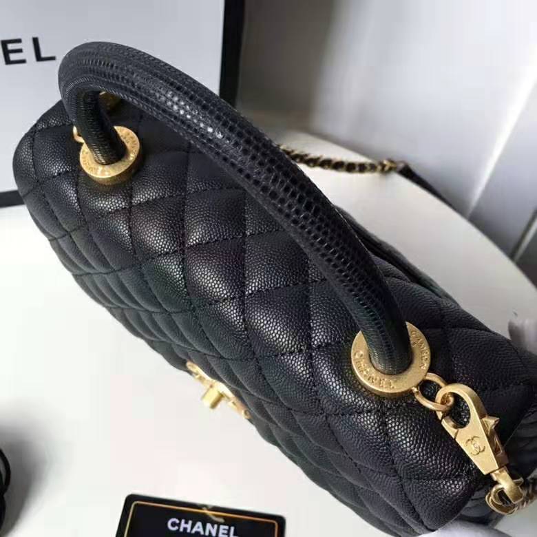 Chanel Women Flap Bag with Top Handle in Grained Calfskin Leather-Black