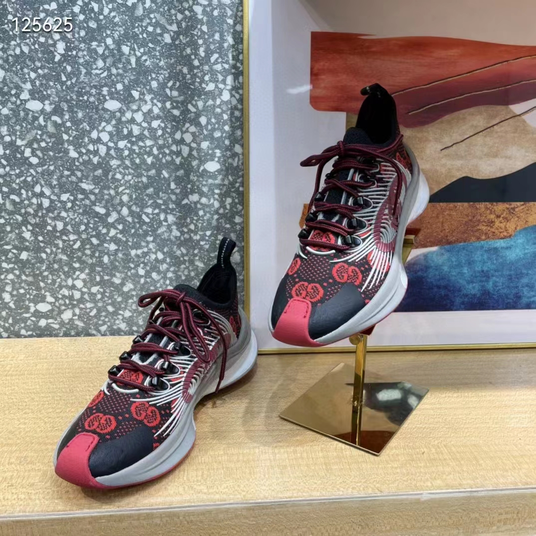 Gucci Unisex Run Sneaker Black Red GG Technical Knit Fabric Interlocking G Rubber