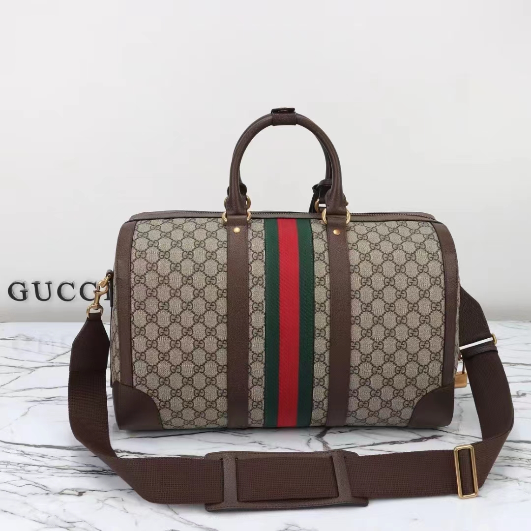 Gucci Unisex GG Savoy Small Duffle Bag Beige Ebony GG Supreme Canvas