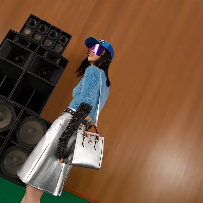 Gucci Women GG Diana Small Tote Bag Silver Lamé Leather Double G