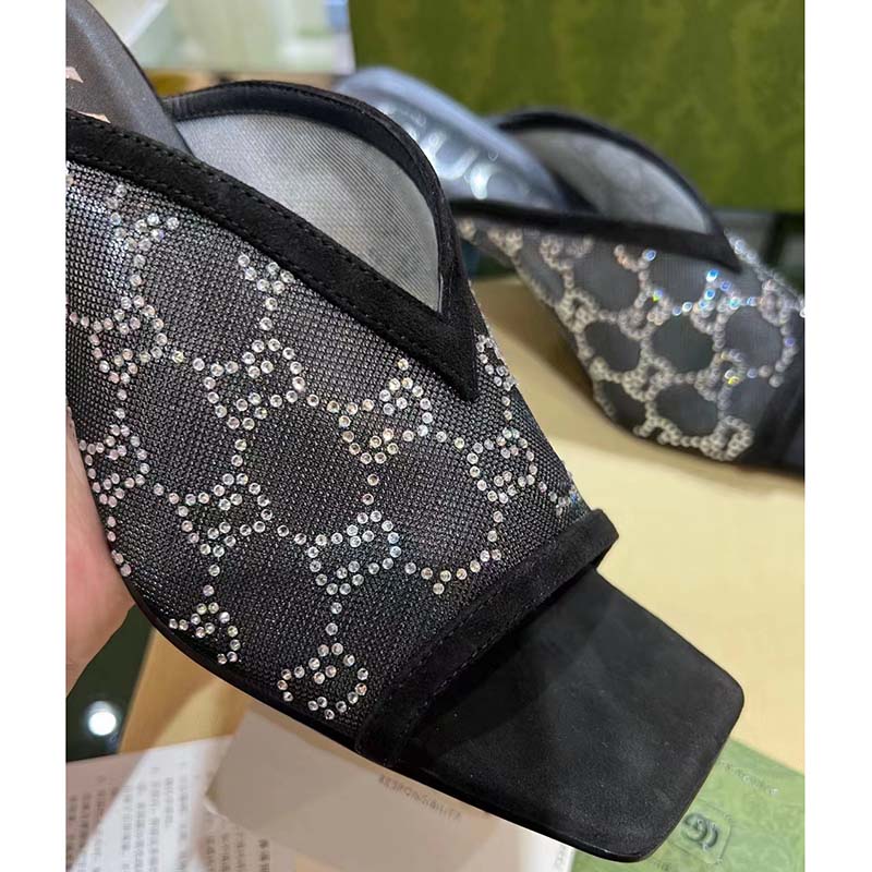 Gucci Women Sandal Black Mesh GG Crystals Square Toe Mid Heel 8 Cm Heel