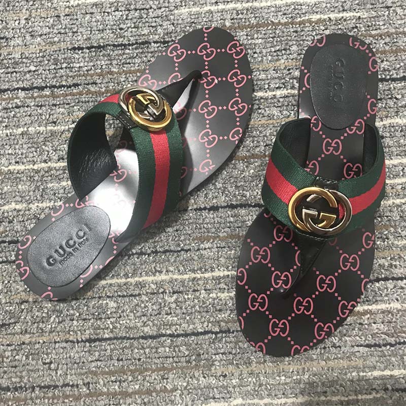 Gucci Unisex GG Thong Web Sandal Interlocking G Leather Sole Square Toe Flat