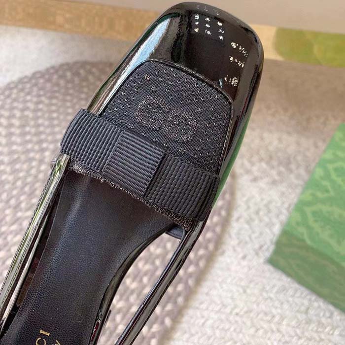 Gucci Women Pump GG Canvas Black Patent Leather Bow Leather Sole Cut-Out Block Heel
