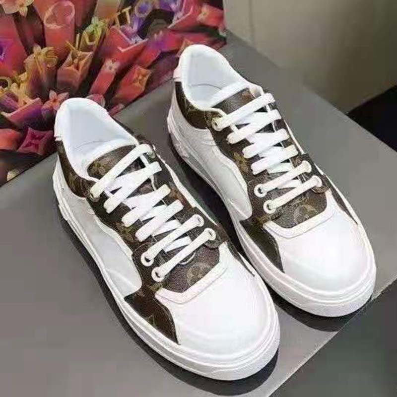 Louis Vuitton LV Unisex Time Out Sneaker Cacao Brown Calf Leather Patent Monogram Canvas