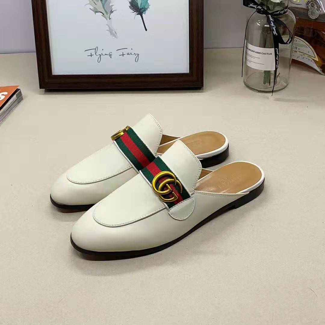 Gucci Women Leather Loafer with GG Web-White