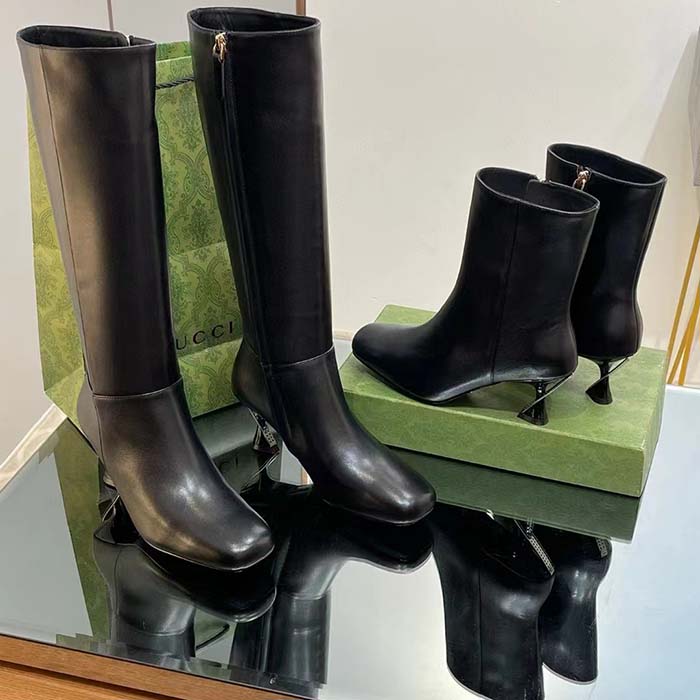 Gucci Women GG Ankle Boot Black Leather Geometric Heel Metal Inserts High-Heel