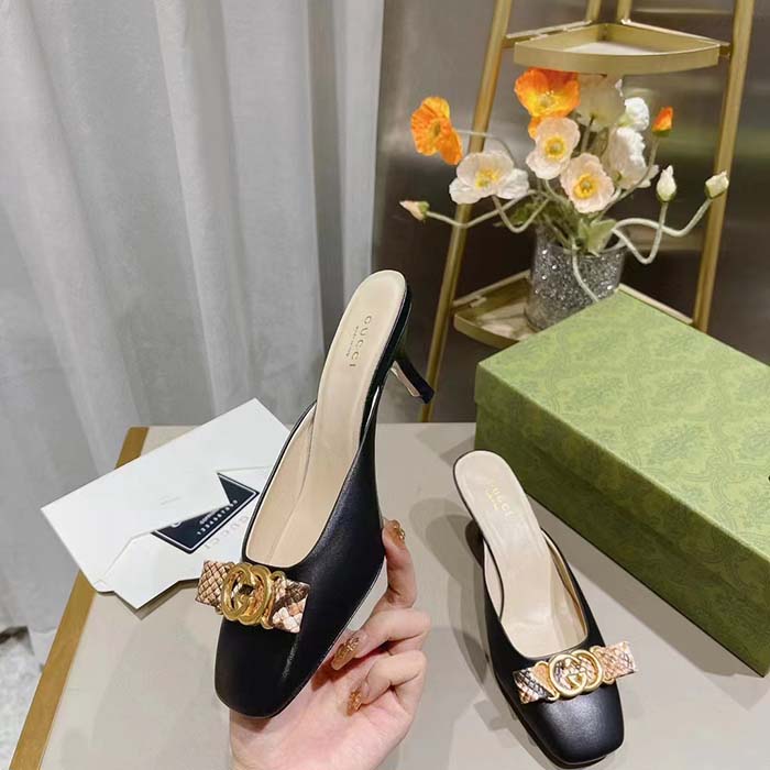 Gucci Women GG Interlocking G Mule Black Leather Square Toe Leather Mid-Heel