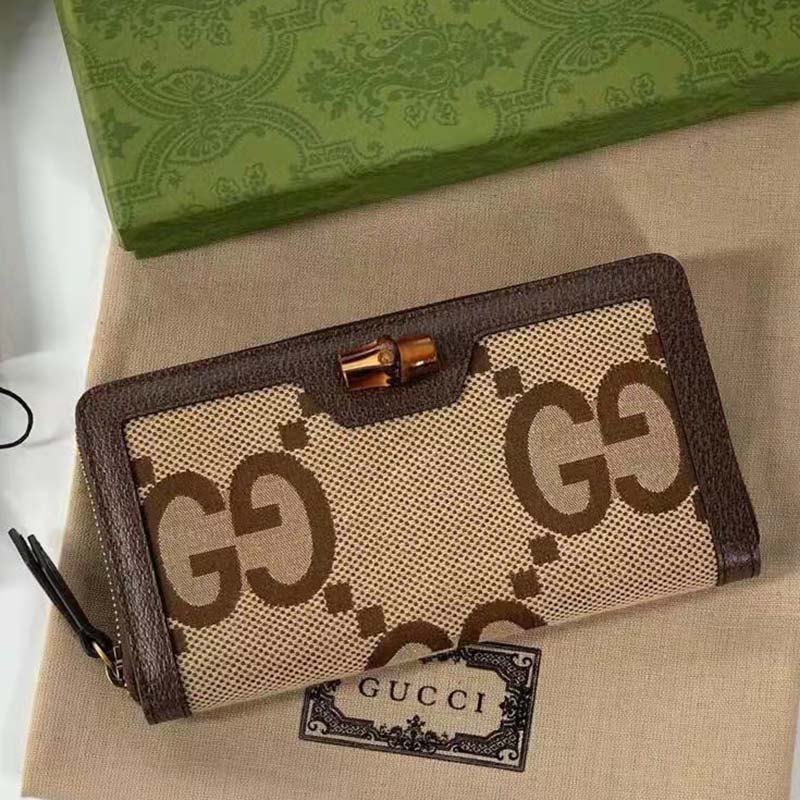 Gucci Unisex Diana Jumbo GG Wallet Camel Ebony Canvas Brown Leather