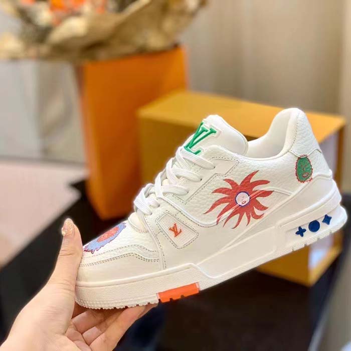 Louis Vuitton Unisex LV x YK LV Trainer Sneaker White Printed Grained Calf Leather Monogram Flowers