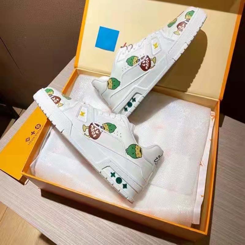 Louis Vuitton Unisex LV Trainer Sneaker White Printed Calf Leather Rubber Outsole