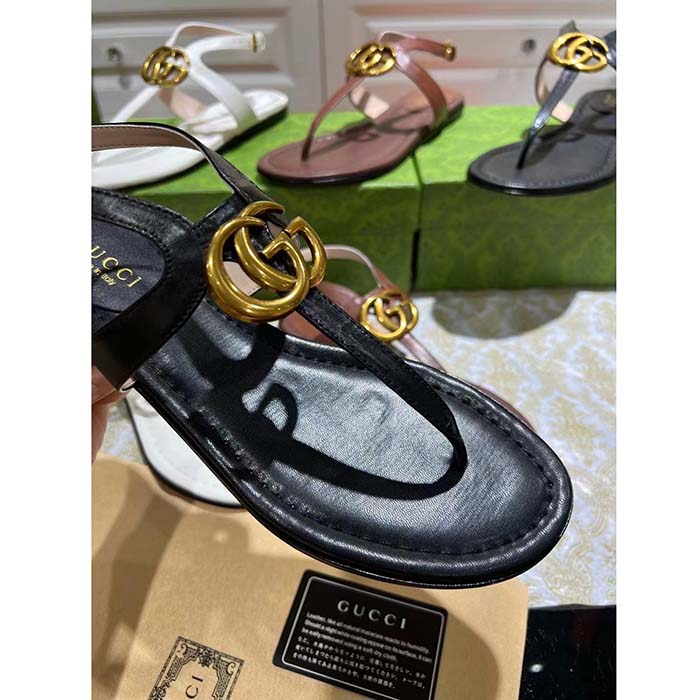 Gucci Women GG Double G Thong Sandal Black Leather Flat 0.5 CM Heel