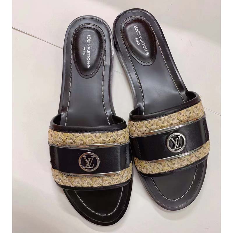 Louis Vuitton LV Women Lock It Flat Mule Black Raffia Calf Leather