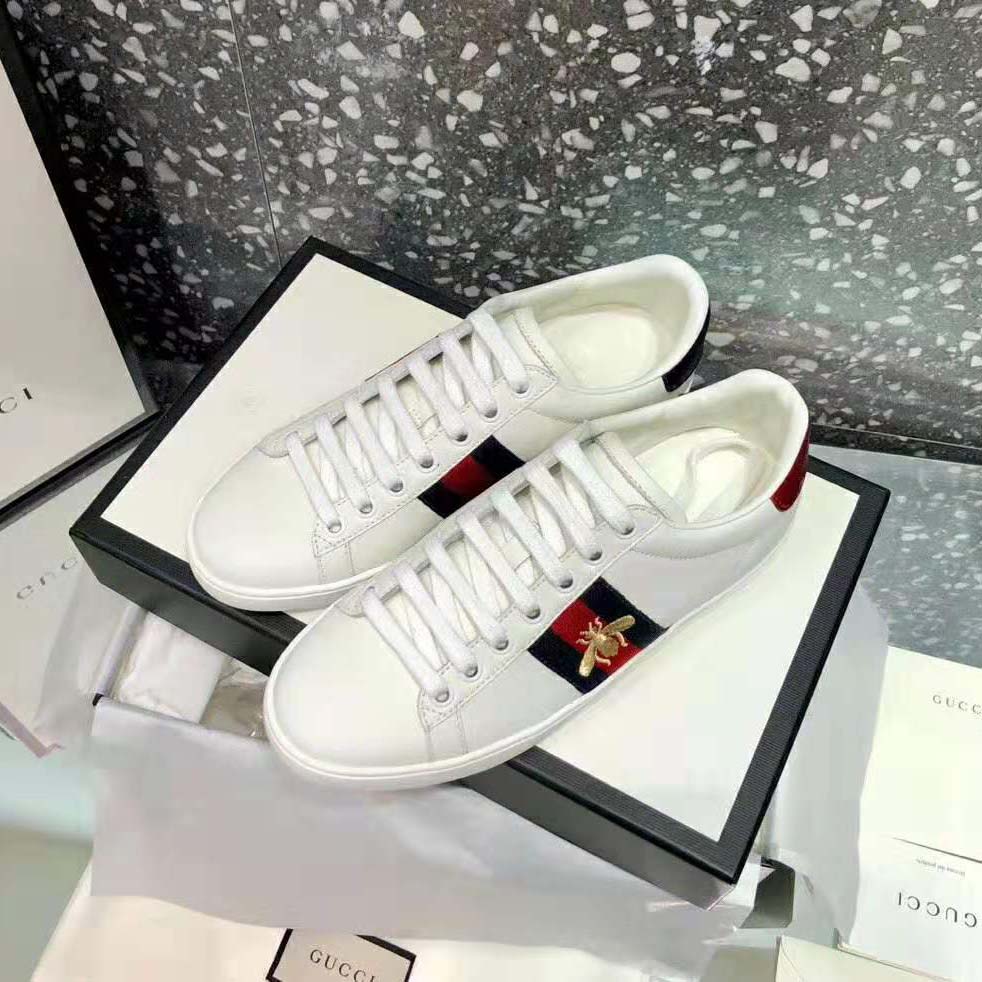 Gucci Unisex Ace Embroidered Sneaker with Iconic Gold Embroidered Bee-White