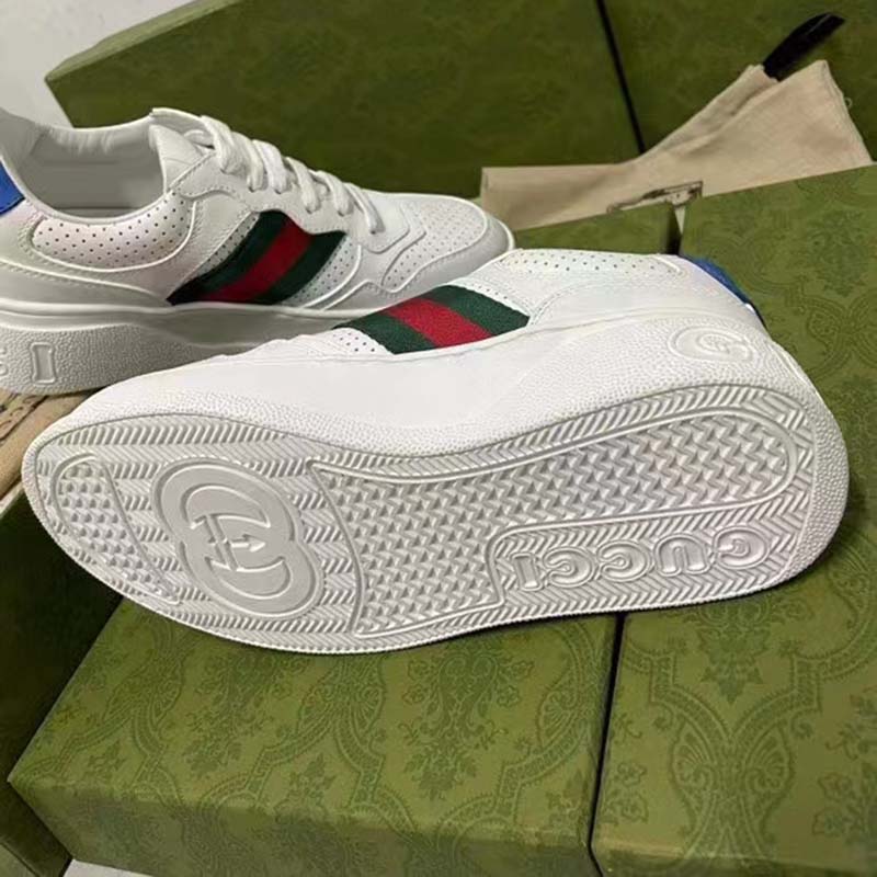 Gucci Unisex Sneaker Web White Leather Green Red Web Lace Up Flat