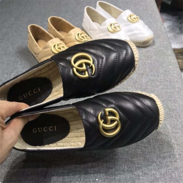 Gucci Women GG Shoes Espadrilles Leather Loafer Low Heel-Black
