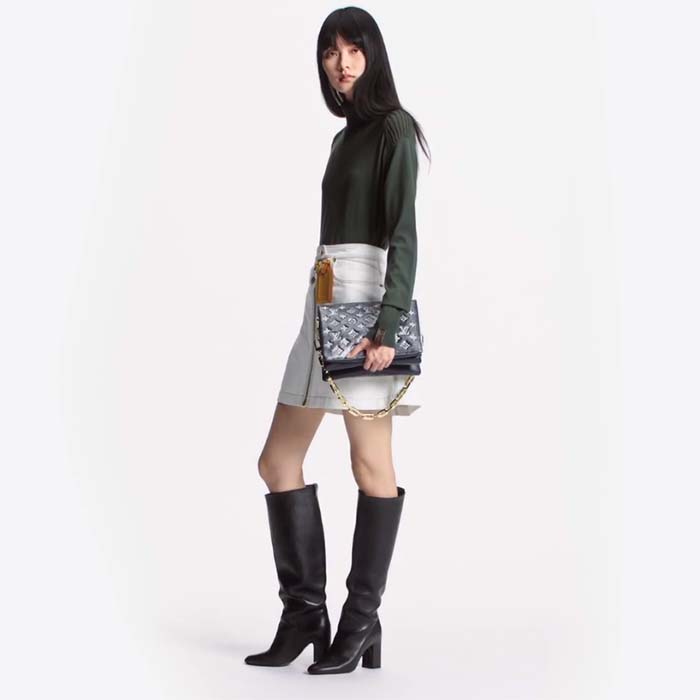 Louis Vuitton LV Women Coussin PM Handbag Blue Lambskin Cowhide Leather Zip Closure