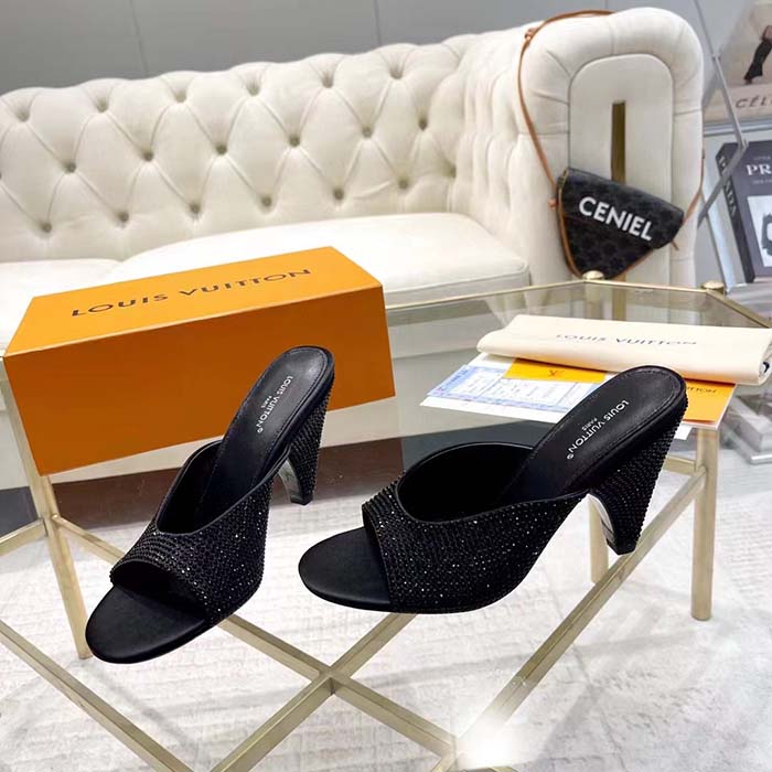 Louis Vuitton LV Women Super Mule Black Strass Leather Outsole 10 CM Heel
