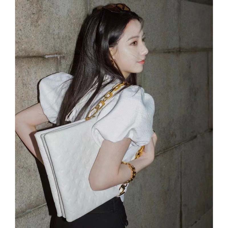 Louis Vuitton LV Women Coussin PM Handbag Cream Monogram-Embossed Puffy Lambskin Calfskin