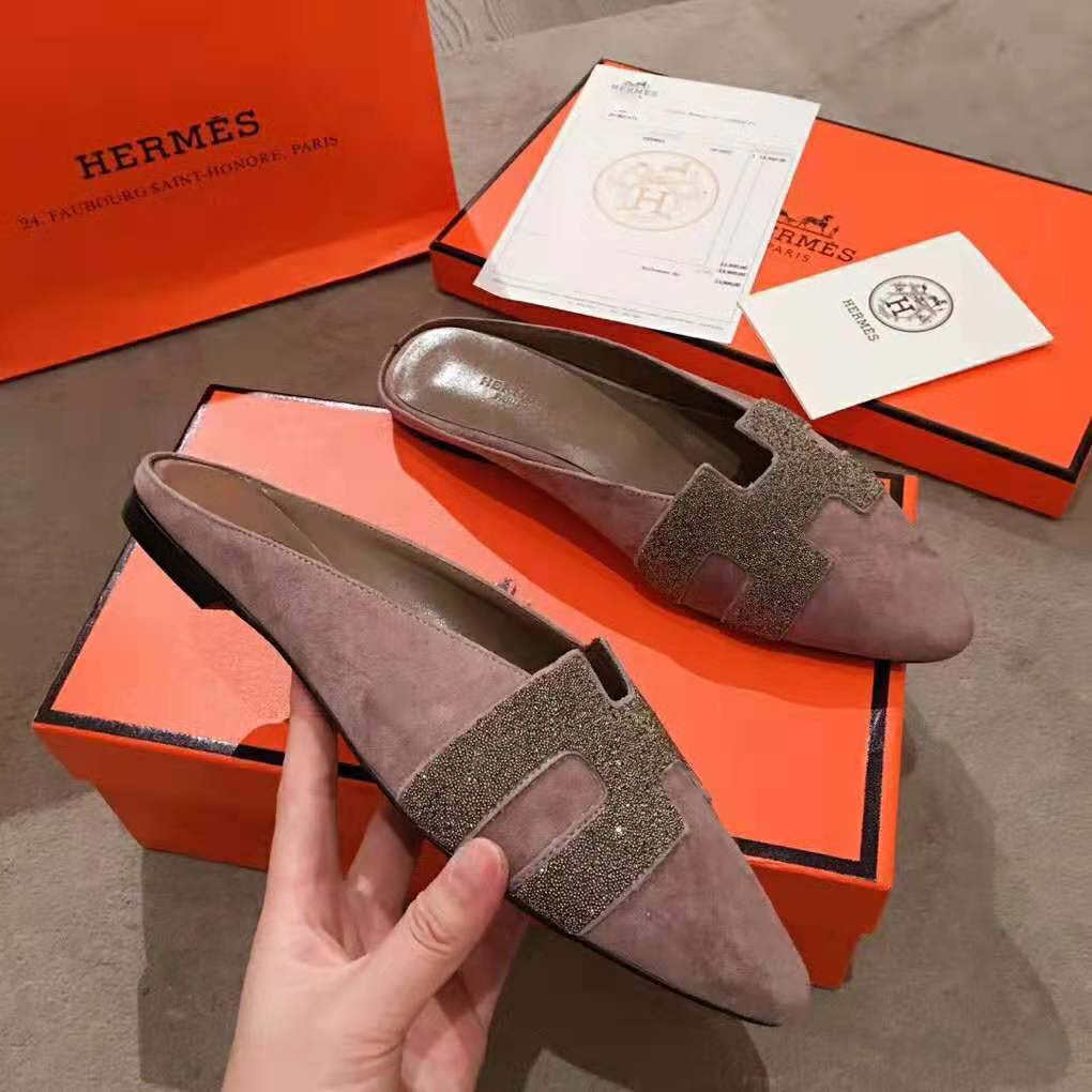 Hermes Women Roxane Mule in Suede Goatskin with Crystal-Rose