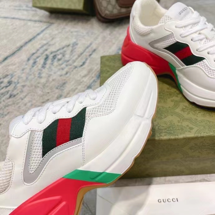 Gucci Unisex GG Rhyton Sneaker White Leather Mesh Rubber Sole Low Heel