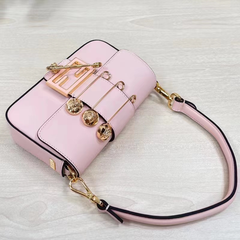 Fendi Women FF Brooch Mini Baguette Fendace Pink Leather Bag