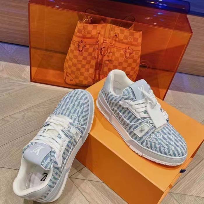 Louis Vuitton Unisex LV Trainer Sneaker Blue Monogram Textile Rubber Outsole Initials