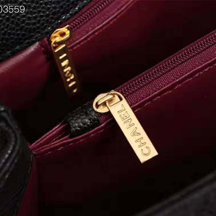 Chanel Women Large Flap Bag with Top Handle in Grained Calfskin Leather-Black