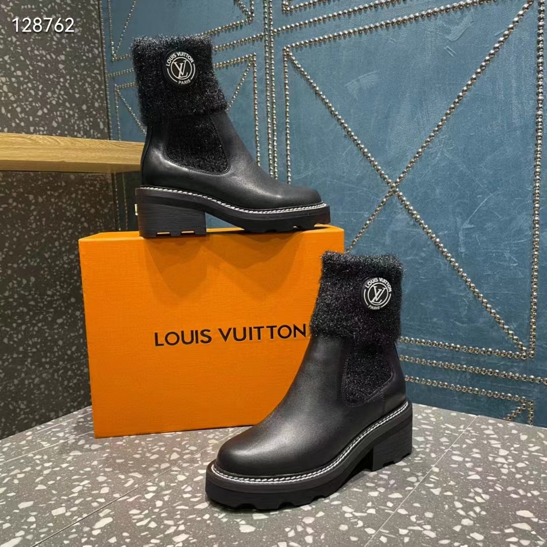 Louis Vuitton Women Shoes LV Beaubourg Ankle Boot Black Calf Leather Wool