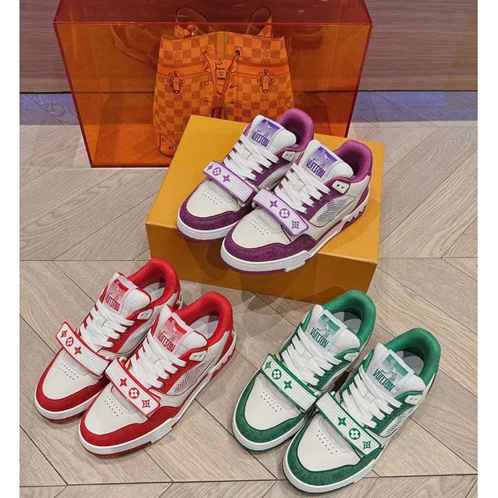 Louis Vuitton LV Unisex Trainer Sneaker Red Monogram Denim Rubber Outsole Monogram Flower