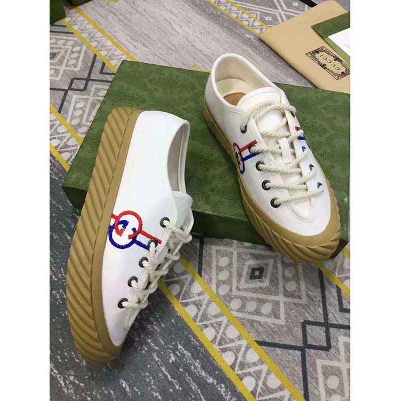 Gucci Unisex Interlocking G Sneaker Beige Cotton Rubber Sole Lace-Up Closure Flat