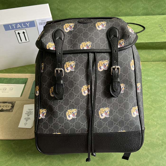 Gucci Unisex GG Medium Backpack Tiger Print Black GG Supreme Canvas