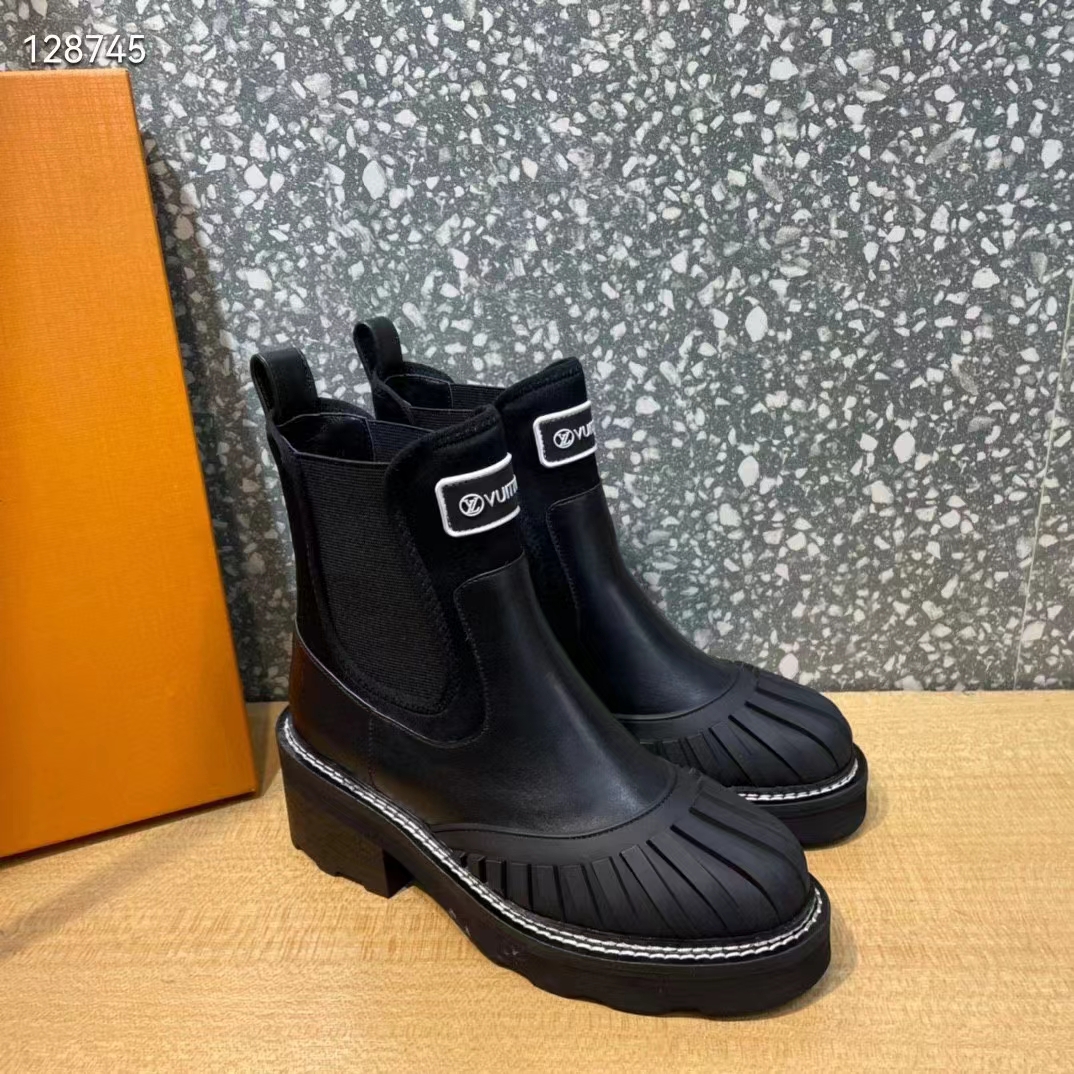 Louis Vuitton Women Shoes LV Ruby Flat Ankle Boot Black Rubberized Calf Leather