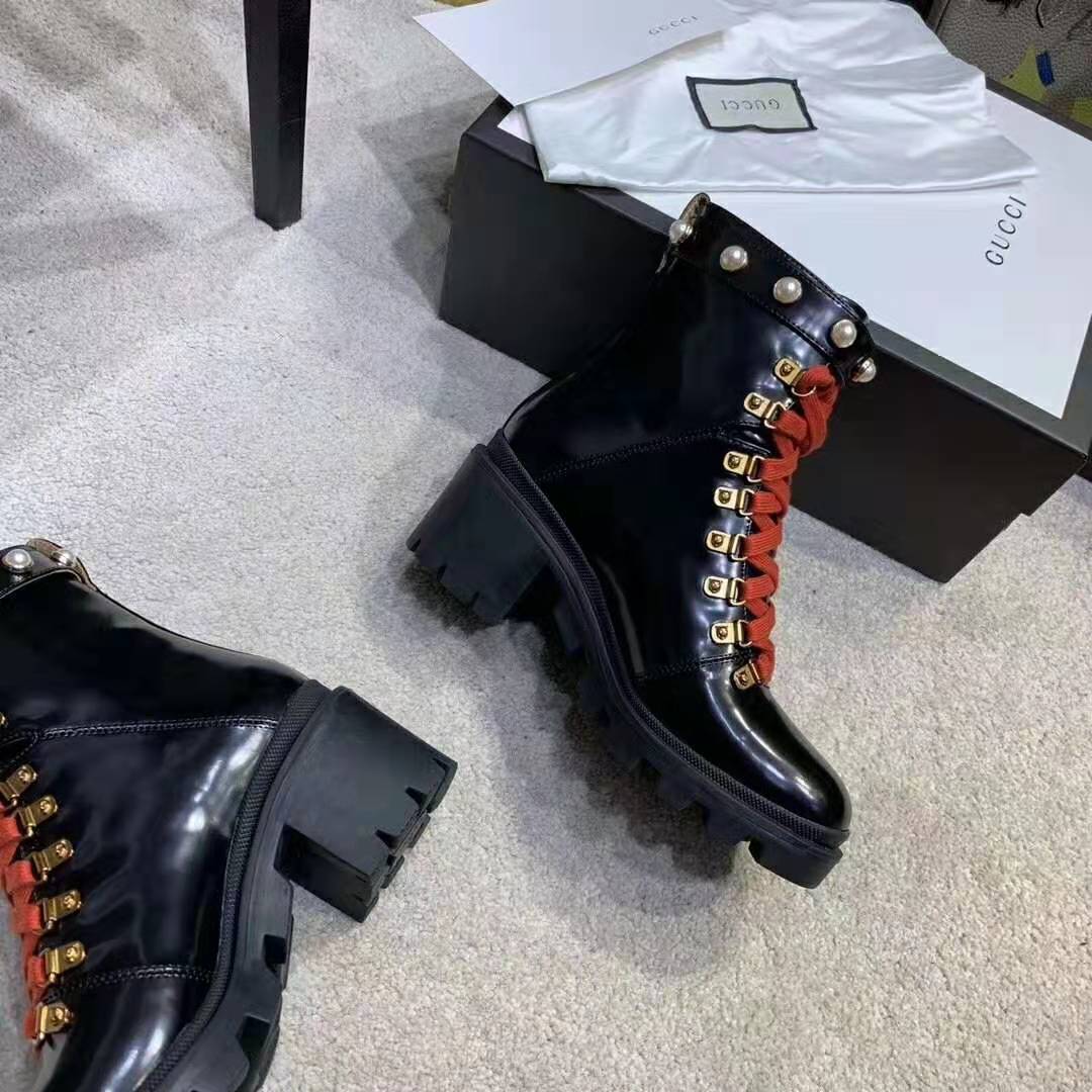 Gucci Women Leather Ankle Boot with Red Laces in Black Shiny Leather