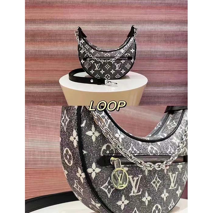 Louis Vuitton LV Women Loop PM Bag Gray Denim Textile Jacquard