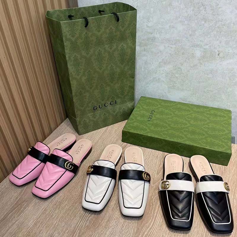 Gucci Women GG Slipper Double G Pink Leather Matelassé Chevron Insert