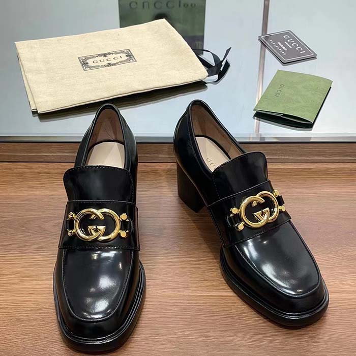 Gucci Women GG Loafer Interlocking G Shiny Black Leather Mid 6 Cm Heel