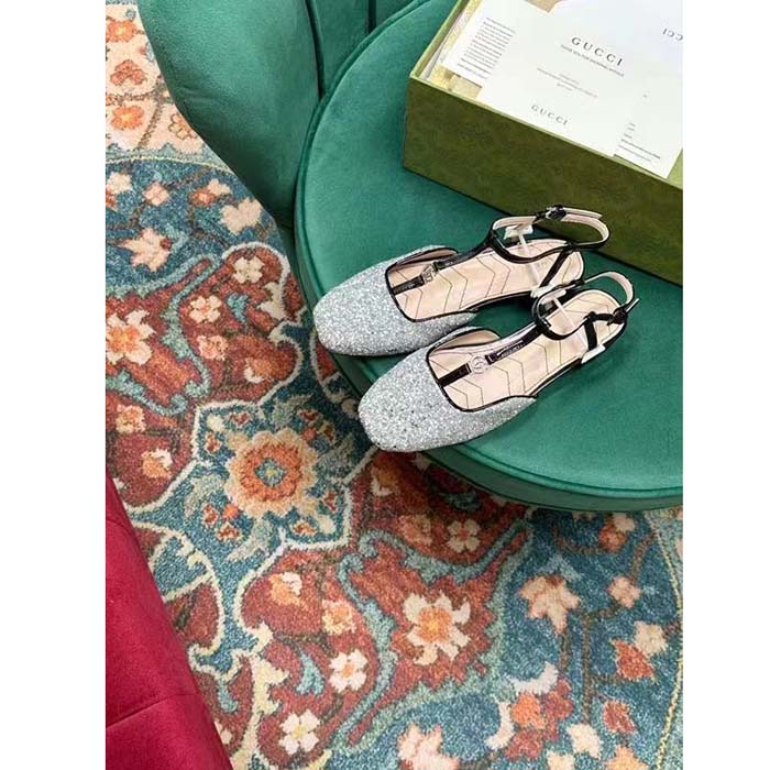 Gucci Women GG Double G Ballet Flat Black Glitter Leather Square Toe 1.5 CM Heel