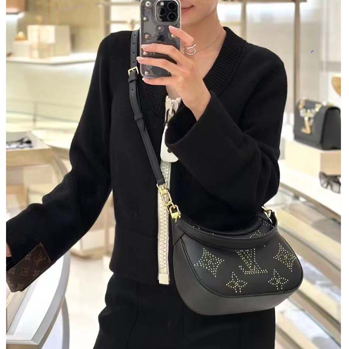 Louis Vuitton LV Women Bagatelle Black Handbag Black Monogram Empreinte Grained Cowhide Leather Studs