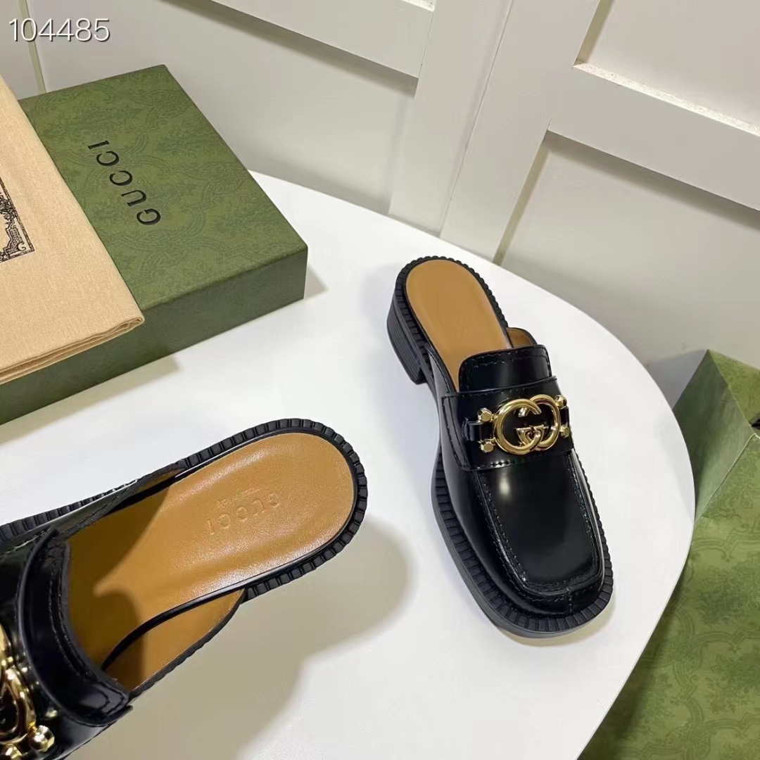 Gucci Women GG Slipper Interlocking G Black Leather Low 2.5 Cm Heel