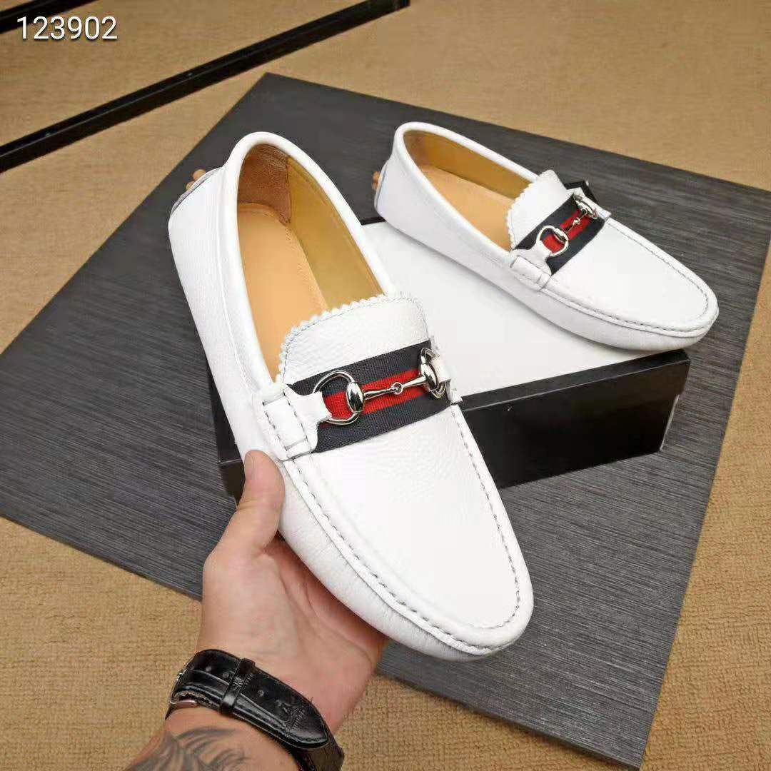 Gucci Men Leather Driver with Web-White