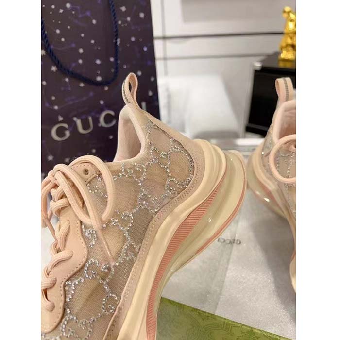 Gucci Women GG Gucci Run GG Crystal Mesh Sneaker Pink Suede Mid 6 CM Heel