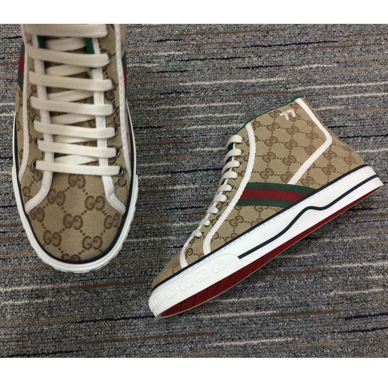 Gucci Unisex Tennis 1977 High Top Sneaker Brown Rubber Sole Flat 2 Cm Heel