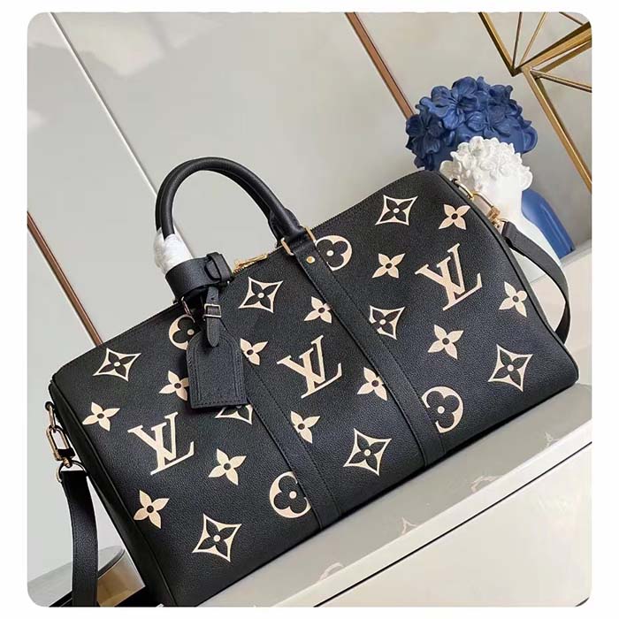 Louis Vuitton LV Unisex Keepall Bandoulière 45 Black Beige Monogram Empreinte Embossed Leather