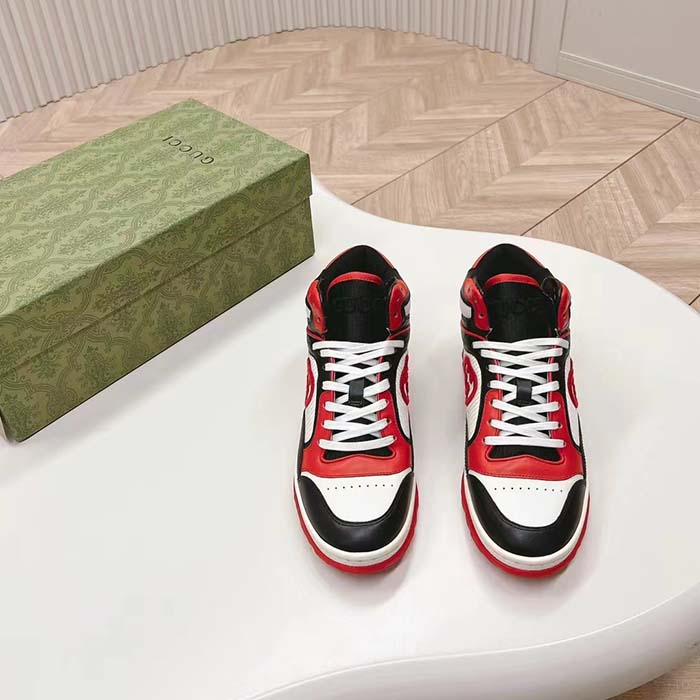 Gucci Unisex Mac80 High Top Sneaker Off Black Red Leather Round Toe Rubber Sole Flat