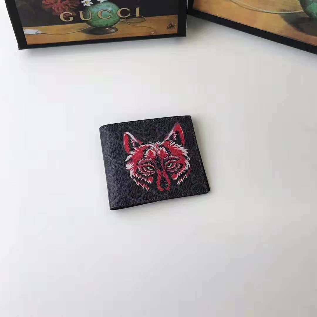 Gucci GG Men GG Supreme Wallet with Wolf in Black and Grey GG Supreme Canvas