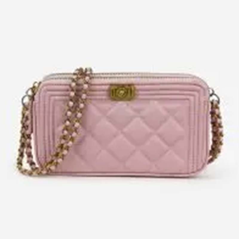 Chanel Women Boy Chanel Pink Long Zipped Wallet Grained Calfskin Leather