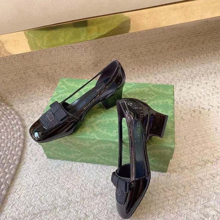 Gucci Women Pump GG Canvas Black Patent Leather Bow Leather Sole Cut-Out Block Heel