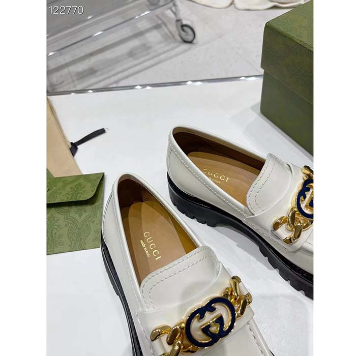 Gucci Women GG Interlocking G Lug Sole Loafer White Leather Rubber Flat 1.5 CM Heel